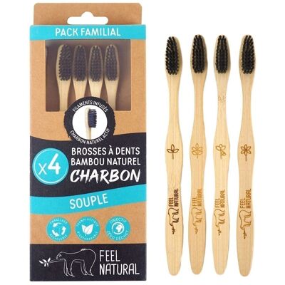 Pack familiar de 4 cepillos de dientes
en bambú natural y filamentos de carbón
SUAVE