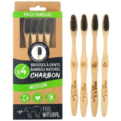 Pack familiar de 4 cepillos de dientes
en bambú natural y filamentos de carbón
MEDIO