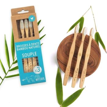 Pack familial de 3 brosses à dents en bambou naturel SOUPLE 2