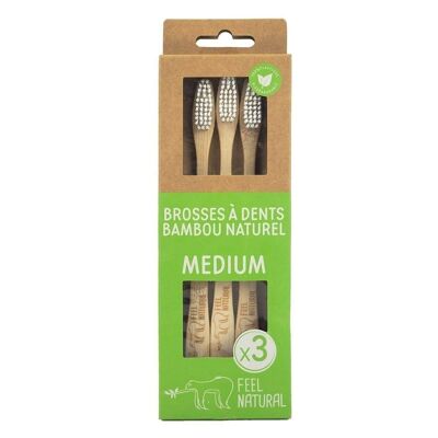 Pack familial de 3 brosses à dents en bambou naturel MEDIUM