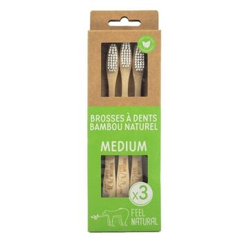 Pack familial de 3 brosses à dents en bambou naturel MEDIUM 1