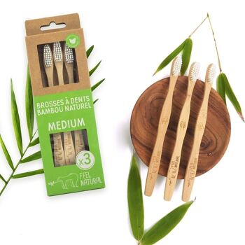 Pack familial de 3 brosses à dents en bambou naturel MEDIUM 2