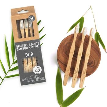 Pack familial de 3 brosses à dents en bambou naturel DUR 2