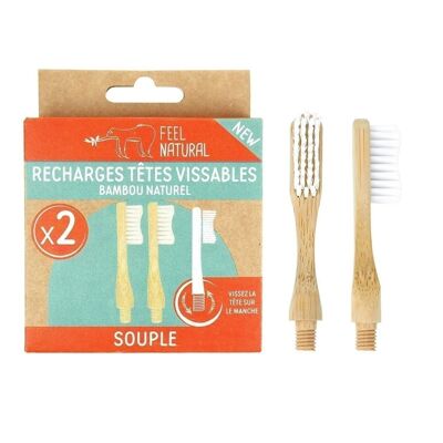 Set of 2 screw-on heads compatible with screw-on toothbrushes in natural bamboo and aluminiumSOUPLE