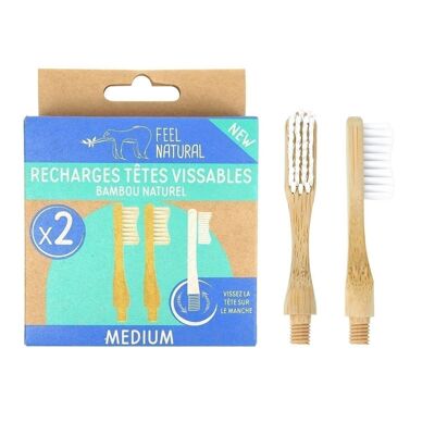 Lot de 2 têtes vissables compatibles avec les brosses à dents vissables en bambou naturel et aluminiumMEDIUM