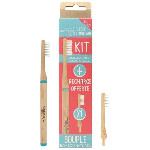 Kit brosse à dents à tête rechargeable 
et une tête rechargeable en bambou naturel
SOUPLE