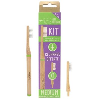 Kit brosse à dents à tête rechargeable 
et une tête rechargeable en bambou naturel
MEDIUM 1