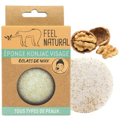 Eponge konjac visage au éclats de noix 100% naturelle.