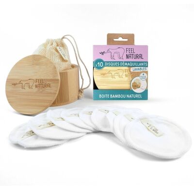 Natural bamboo box with 10 washable make-up remover discs and their washing net.