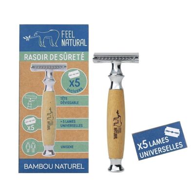 Natural bamboo safety razor and 5 blades