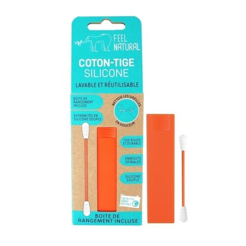 Coton-tige silicone lavable et réutilisable. Et boîte de rangement pratique et hygiénique - ORANGE