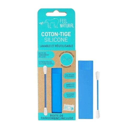 Coton-tige silicone lavable et réutilisable. Et boîte de rangement pratique et hygiénique - BLEU