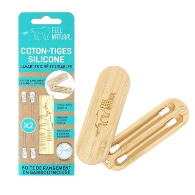 Double cotons-tiges silicone et bambou naturel lavables et réutilisables.
 Et boîte de rangement aimantée en bambou naturel pratique et hygiénique.