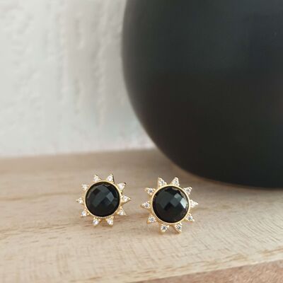 Boucles d'oreilles "soleil" en plaqué or, oxydes de zirconium et onyx, avec poussettes