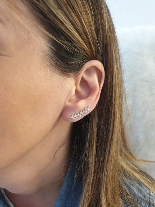 Boucles d'oreilles "contours d'oreilles" motif épi en argent 925/1000 rhodié et oxydes de zirconium blancs