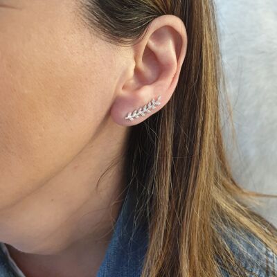 Boucles d'oreilles "contours d'oreilles" motif épi en argent 925/1000 rhodié et oxydes de zirconium blancs