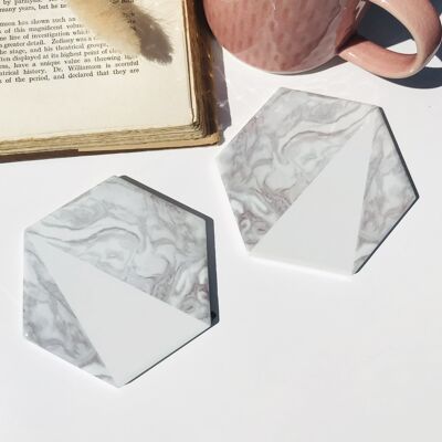 Grey Marble Effect Hexagon Ceramic Coaster Set of 2