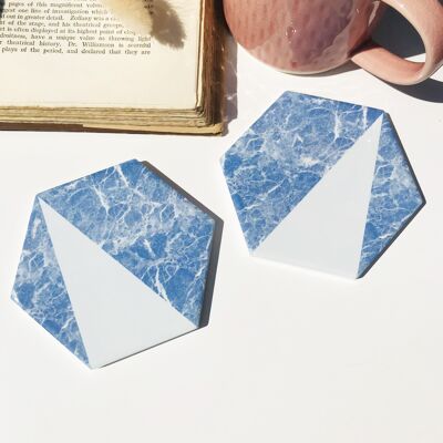 Blue Stone Effect Hexagon Ceramic Coaster Set of 2