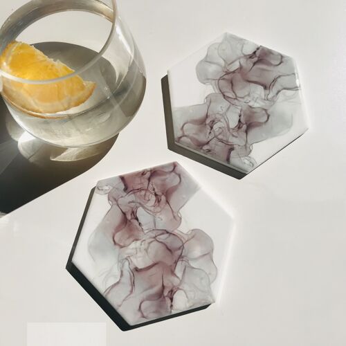 Grey Alcohol Ink Effect Hexagon Ceramic Coaster Set of 2