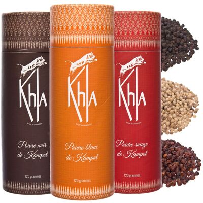 Schachtel mit 3 Kampot Paprika (schwarz, rot und weiß) - 3 Tuben 120g