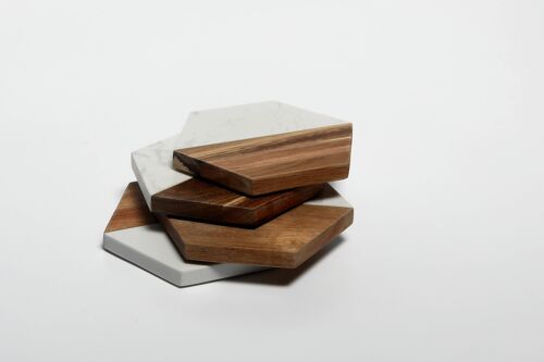 Marble and Acacia Wood Drinks Hexagonal Coasters Set of 4