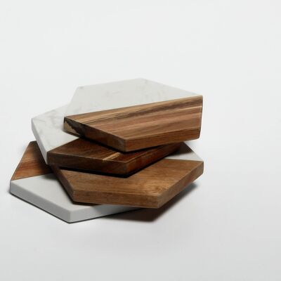 Marble and Acacia Wood Drinks Hexagonal Coasters Set of 4
