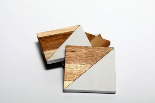 Marble and Acacia Wood Square Drinks Coasters Set of 4