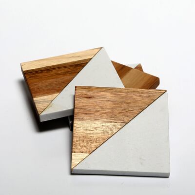 Marble and Acacia Wood Square Drinks Coasters Set of 4