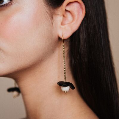 Long and light beige and black Julia flower ceramic earrings