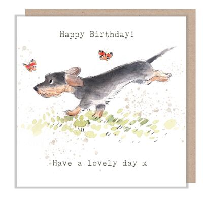 Tarjeta de Cumpleaños - Perro Salchicha con mariposas - Feliz Cumpleaños - ABE057