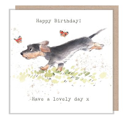 Geburtstagskarte – Wursthund mit Schmetterlingen – Happy Birthday – ABE057