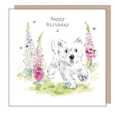 Geburtstagskarte – West Highland White mit Fingerhut – Happy Birthday – ABE063