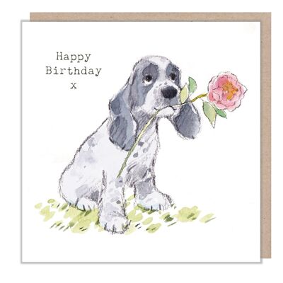 Geburtstagskarte – Cocker Spaniel mit rosa Rose – Happy Birthday – ABE050