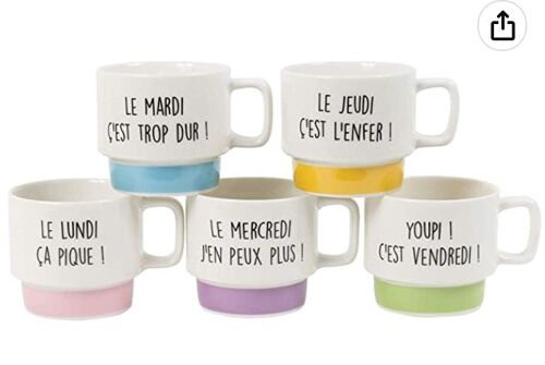 Idéal cadeau : Coffret de 5 tasses pour la semaine