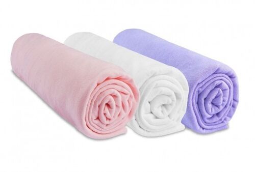 Lot de 3 Draps housse Jersey 100% Coton - 70x140 cm - Rose-Blanc-Parme