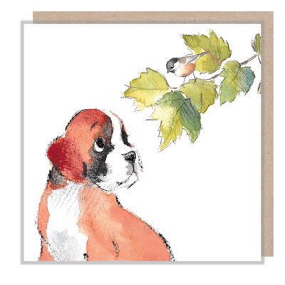 Dog Card - Boxer with bird - Blank - ABE071