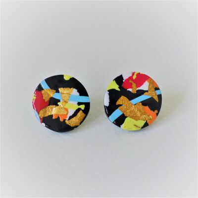 Terrazzo Circle with Metallic Leaf Stud Earrings (Black)