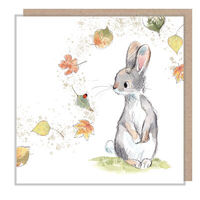 Tarjeta de conejo - Conejo con hojas - En blanco - BWE014