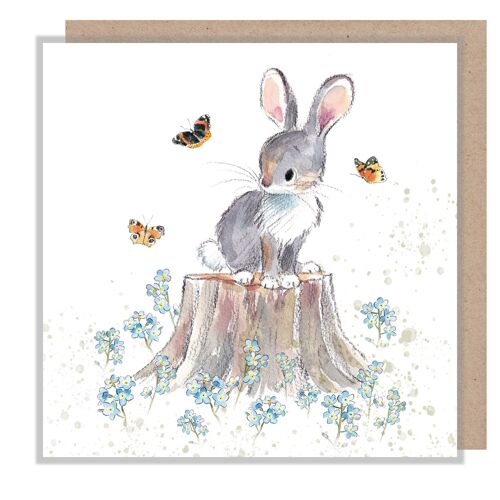 Rabbit Card - Rabbit with Butterflies and Forget me knots - Blank - BWE018