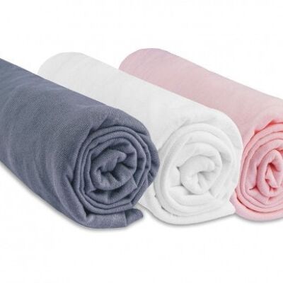 Set of 3 100% Cotton Jersey Fitted Sheets - 70x140cm - Gray-White-Pink
