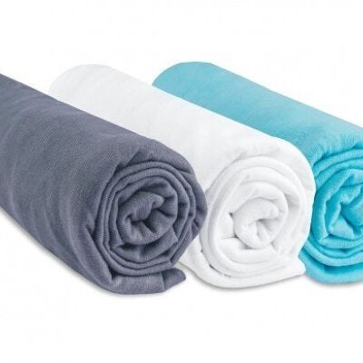 Set of 3 100% Cotton Jersey Fitted Sheets - 70x140cm - Gray-White-Turquoise