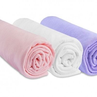 Lot de 3 Draps housse Jersey 100% Coton - 70x160 cm - Rose-Blanc-Parme