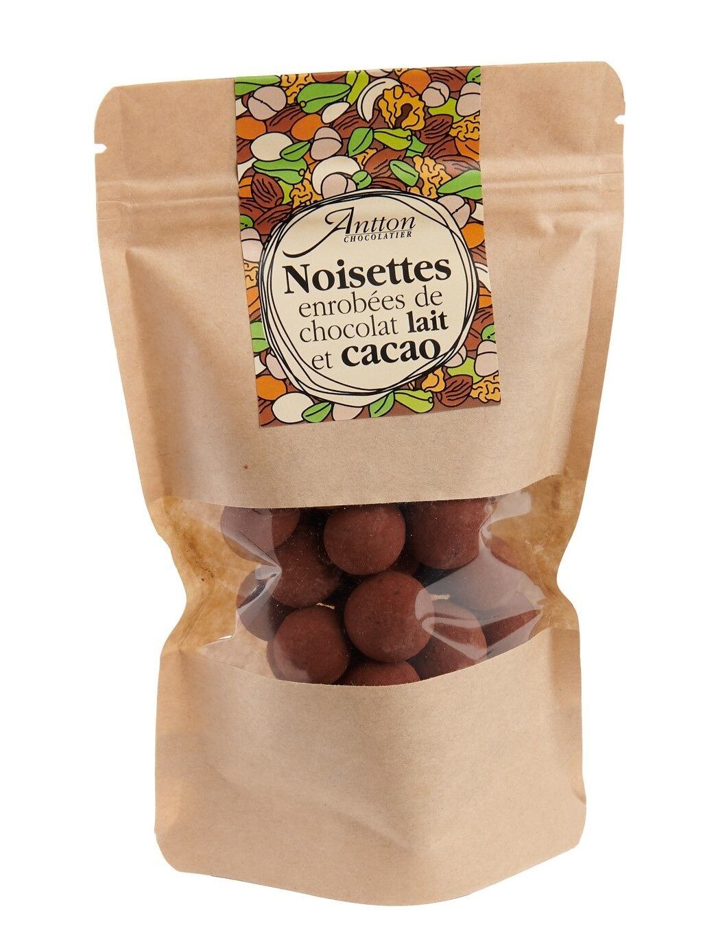 Sachet de noisettes enrobées chocolat lait, 110 g
