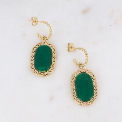 Ambroise golden hoop earrings with green agate oval stone
