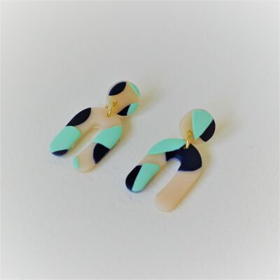 Creamy Green and Blue Abstract Arch Dangle Earrings