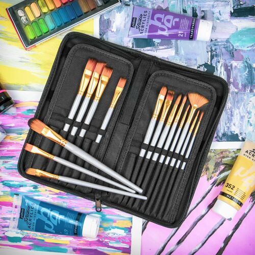 15 Piece Artists Paint Brush Set & Case | Pukkr