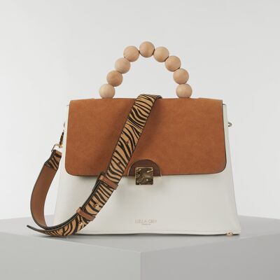 Iris White & Tan Wooden Top Handle Crossbody