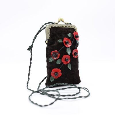 Handmade Glasses Case with Leatherette Straps - Poppy with Leaves - 1