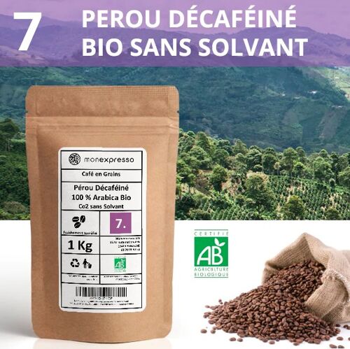 Café en grains Bio Pérou décaféiné sans solvant 1Kg