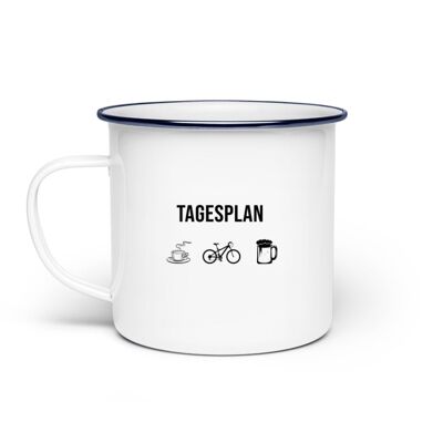 Tagesplan Kaffee, Fahrrad und Bier - Emaille Tasse